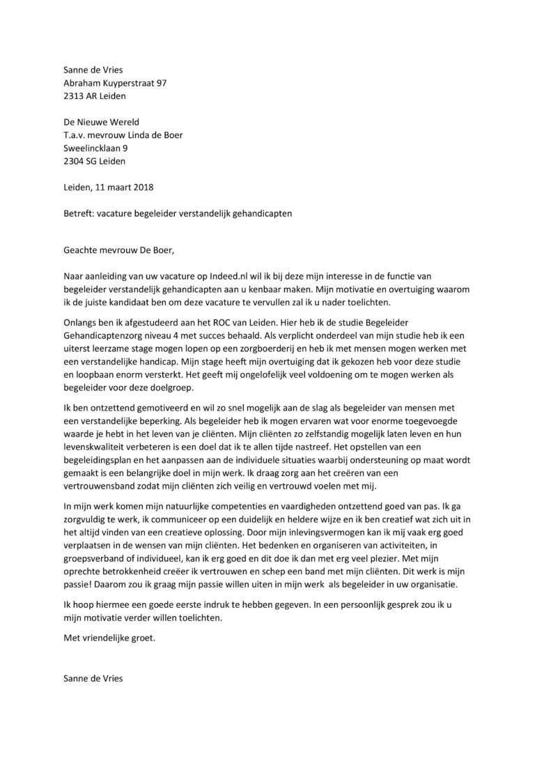 Sollicitatiebrief Begeleider Verstandelijk Gehandicapten 