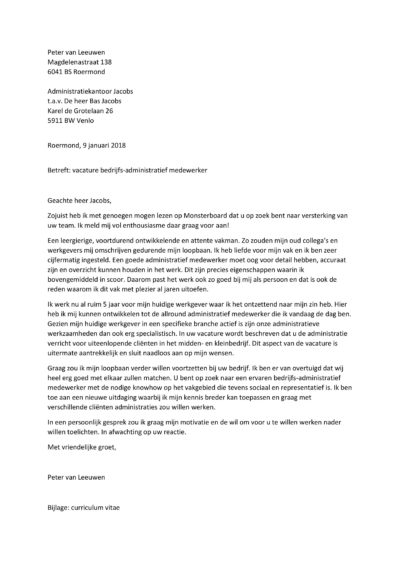 Sollicitatiebrief Bedrijfsadministratief Medewerker - Sollicitatiebijbel.nl