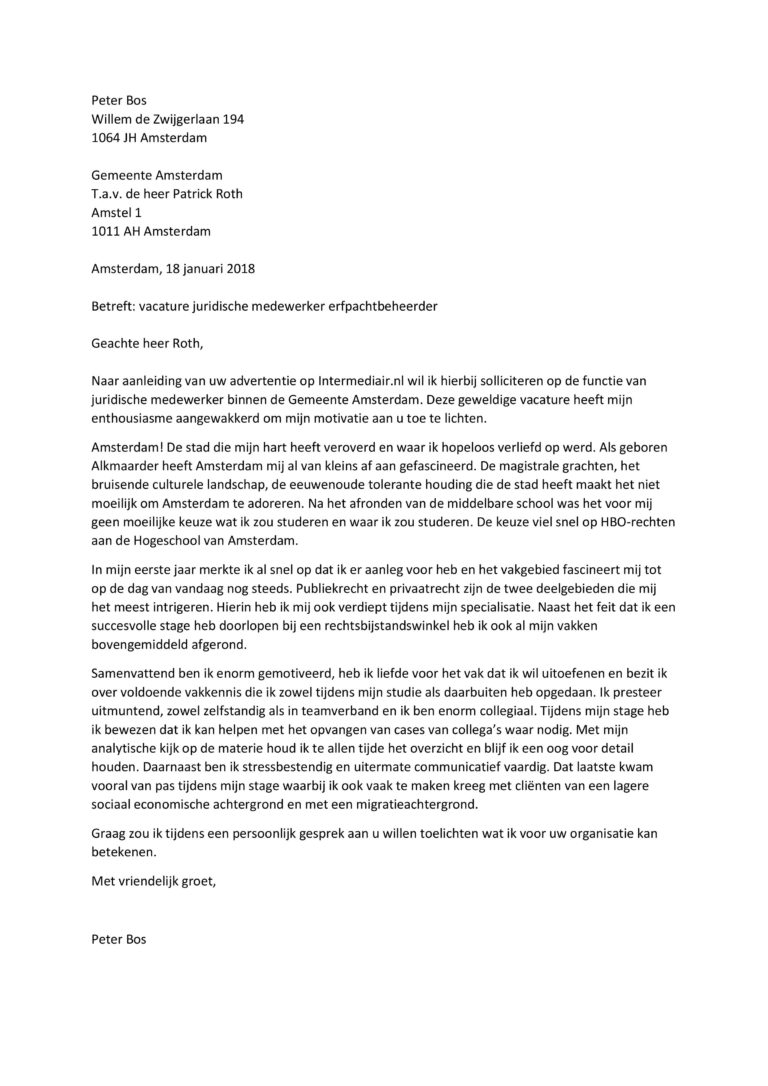 Sollicitatiebrief Juridisch Medewerker (erfpachtbeheerder ...