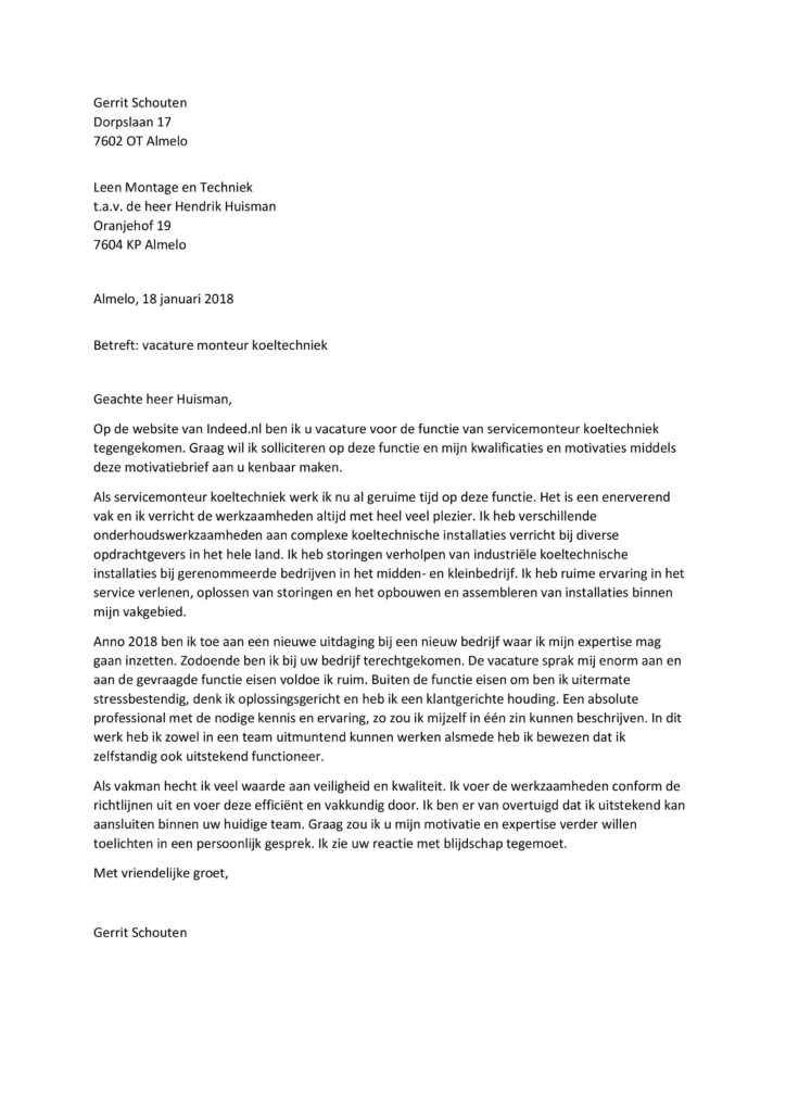 Voorbeeld Sollicitatiebrief Koeltechniek - Monteur Koeltechniek Motivatie