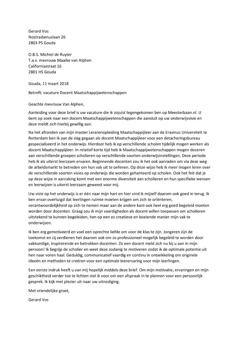 Sollicitatiebrief Docent | Beste Onderwijs Sollicitatiebrieven | Geheel ...