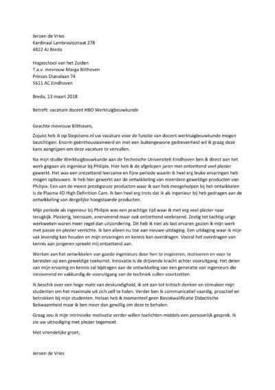 Sollicitatiebrief Docent Hbo Werktuigbouwkunde - Onderwijs Motivatiebrief